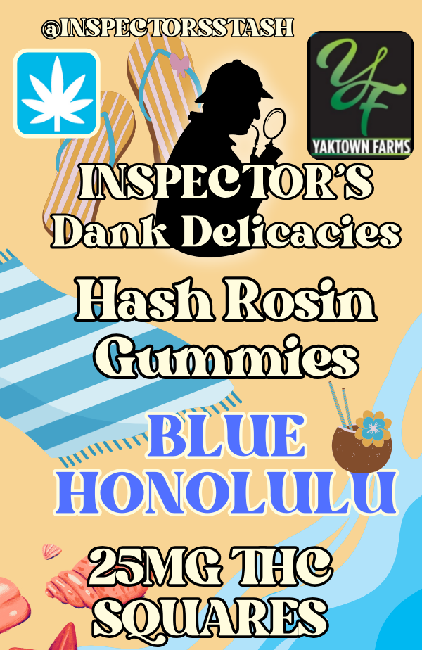 Infused gummy packaging for Inspector's Dank Delicacies with beach scene and product information.